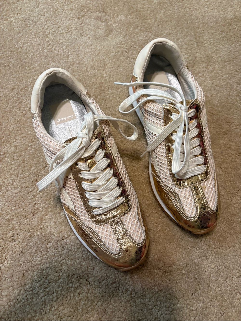 Dolce Vita Metallic Gold and Cream Lace-Up Mesh Sneakers